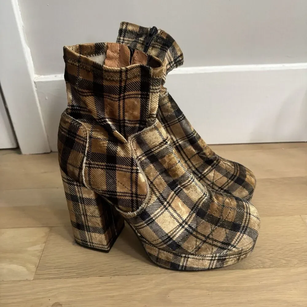 NEW Free People Cecile Mustard Plaid Velvet Boots Women's Size 37 M = 7 - Picture 1 of 5